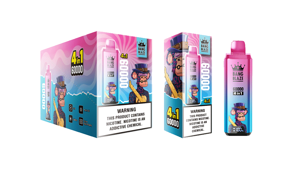 Banner Home Bang-Blaze-60000-Puffs Un'immagine che mostra la confezione e il design del prodotto per i prodotti da svapo 4 in 1 Bang Blaze, caratterizzati da colori vivaci, un'illustrazione di una scimmia che indossa un cappello a cilindro e un'etichetta di avvertenza sulla dipendenza da nicotina in bella vista.