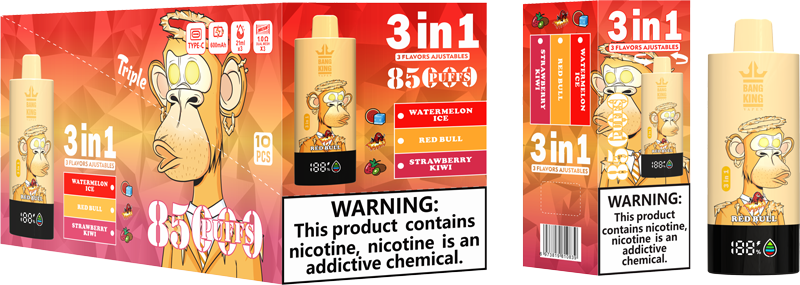 Banner Home Bang King Triple 85000 Puffs Confezione del prodotto per la sigaretta elettronica usa e getta "3 in 1" da 8500 tiri, con gusti Anguria Ghiaccio, Red Bull e Fragola Kiwi e un'etichetta di avvertenza sulla dipendenza da nicotina.