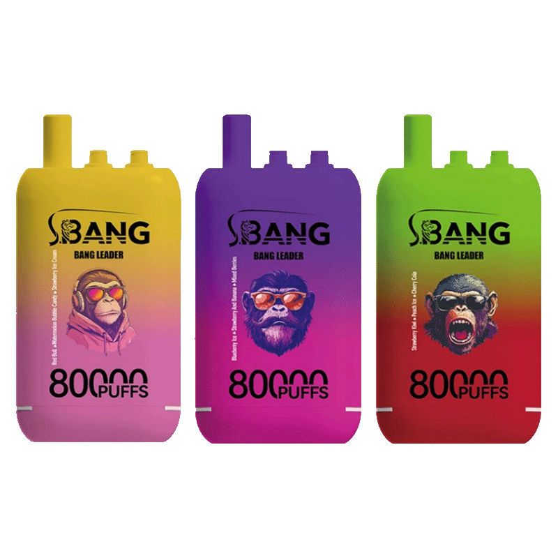 Bang-Leader-80000-Puffs-Home-Banner Tre dispositivi per lo svapo Bang Leader esposti uno accanto all'altro nei colori giallo, viola e verde, ognuno raffigurante uno scimpanzé con occhiali da sole e con un testo che indica 80.000 tiri.