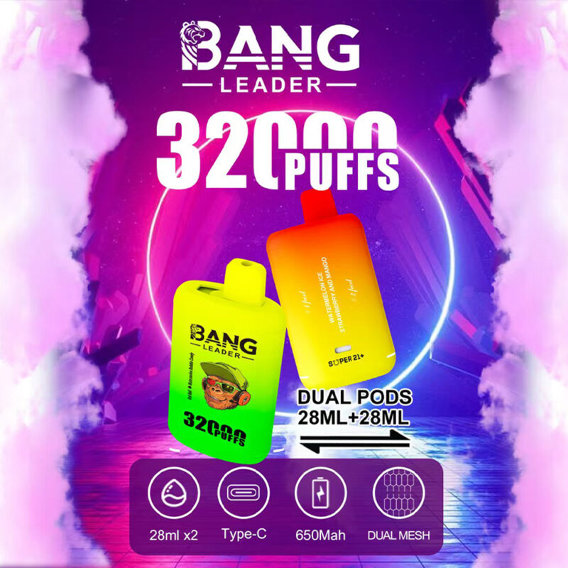 El Bang Kingdoms Rex 32000, en colores vibrantes, incluye un dispositivo amarillo y naranja con la etiqueta “BANG LEADER” y “32,000 PUFFS”. El diseño incluye texto que resalta “DUAL PODS 28ML+28ML” e íconos que indican características como carga tipo C, una batería de 650 mAh y tecnología de doble malla sobre un fondo abstracto vibrante.