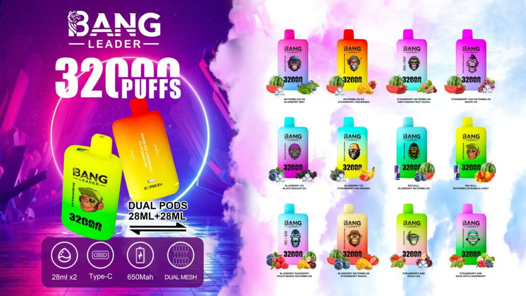 Gráfico promocional de los productos de vapeo Bang Leader que presenta dispositivos coloridos de doble cápsula etiquetados como "32000 PUFFS" con varios sabores, sobre un fondo cósmico vibrante.