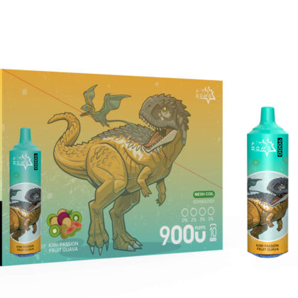 Diseño de empaque para el vaporizador desechable Airbomb con sabor a kiwi, maracuyá y guayaba, con una gran ilustración de un dinosaurio estilizado y un gráfico de frutas; el paquete resalta especificaciones como "9000 bocanadas" y una etiqueta de advertencia de nicotina que dice "Este producto contiene nicotina. La nicotina es una sustancia química adictiva".