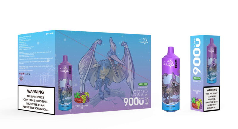 Packaging image of Air Bar Box 9000 puffs electronic nicotine device featuring a purple design with a dinosaur illustration and warning label about nicotine addiction.