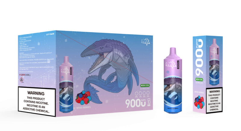 Image of City Bar vaping product packaging featuring a purple and blue design with a large open-mouthed sea creature image, labeled 'Air Bomb 9000,' offering 9000 puffs in 'Mixed Berries' flavor; includes health warning about nicotine.