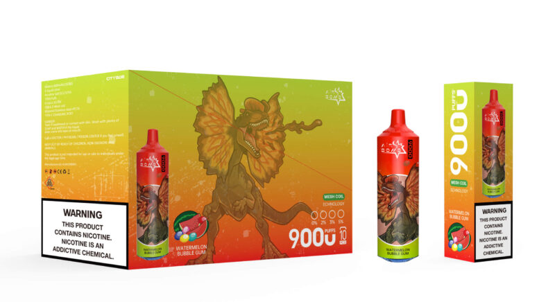 A colorful box and vape device design featuring a dinosaur illustration, labeled 'Airbar 9000 Puffs' in a watermelon bubble gum flavor, with a warning about nicotine as an addictive chemical prominently displayed.