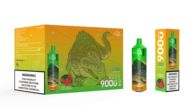 Packaging and vape device for Air Bomb 9000, featuring a dinosaur graphic and strawberry watermelon flavor, with a nicotine warning label.