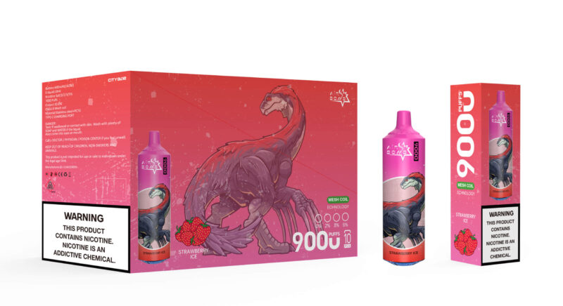 Packaging for Air Bomb 9000 puffs in Strawberry Ice flavor, featuring a pink color scheme with a dinosaur illustration and prominent nicotine warning labels.
