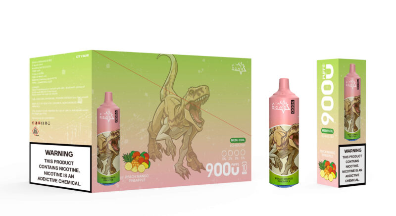 Packaging and product image of the Air Bar Box vaping device with a graphic of a dinosaur and labeled for peach mango pineapple flavor, showing warnings that the product contains nicotine.