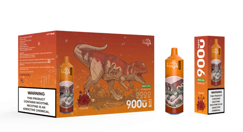 Packaging for an Air Bomb 9000 Puffs Cola Ice flavor disposable vape, featuring an illustration of a fierce dinosaur on an orange background, with a nicotine warning label prominently displayed.