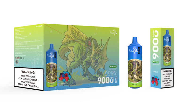 Packaging of Air Bomb disposable vape featuring a green dragon design, labeled 'MR BLUE', with a prominent nicotine addiction warning and highlighted details such as 9000 puffs and mesh coil technology.