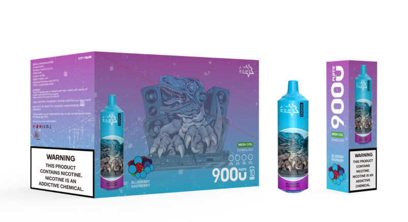 Packaging of the 9000 puff blueberry raspberry flavored e-cigarette from AIRBAR, featuring a blue bottle design with a graphic of a dinosaur and speakers, along with a prominent nicotine addiction warning label.