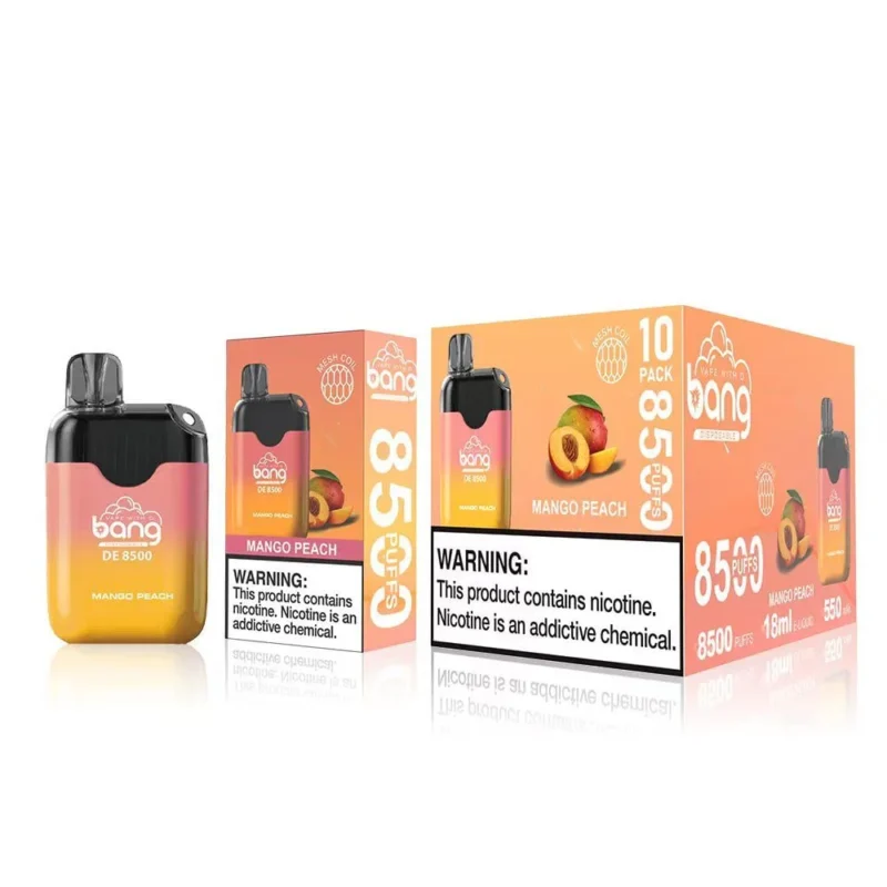 Display of Bang DE 8500 disposable vape in Mango Peach flavor, including a single unit and packaging with product and nicotine warning texts, emphasizing 8500 puffs and mesh coil technology.