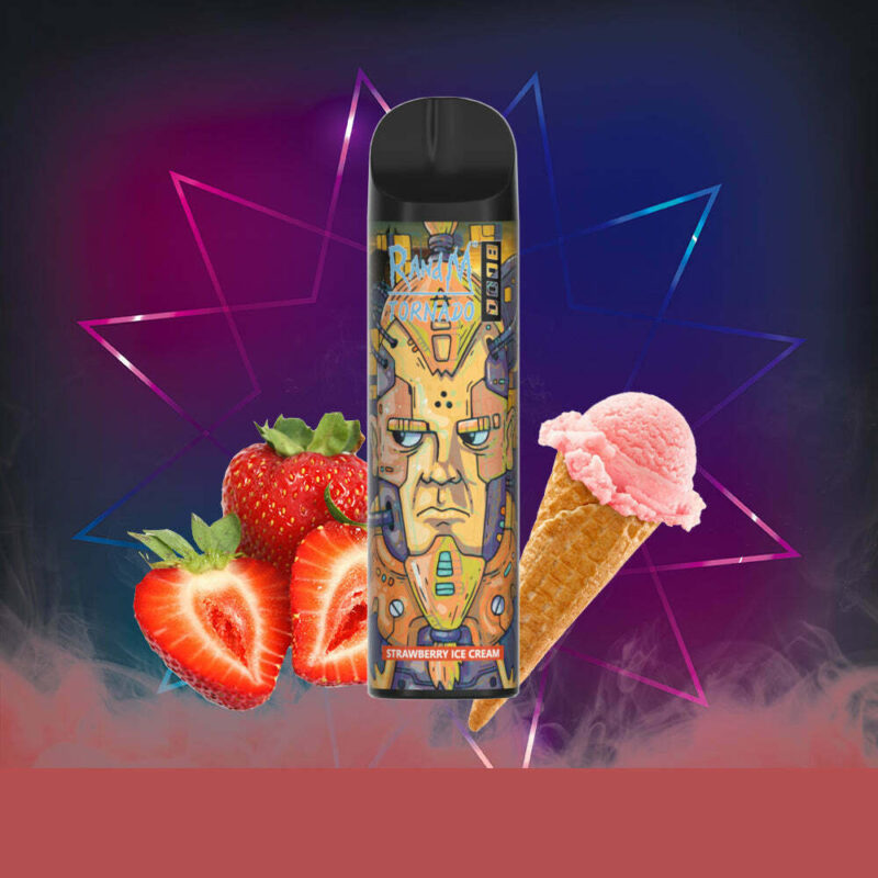 Un colorato dispositivo per svapare con un design che riporta le parole "Ravena Tornado Strawberry Ice Cream" è circondato da fragole fresche e da un cono di gelato alla fragola, su uno sfondo con motivo a stelle.