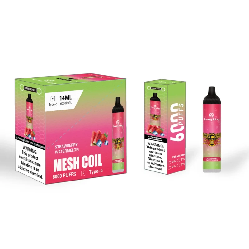 Packaging and product image of a vaping device labeled "Bang King" in strawberry watermelon flavor, featuring mesh coil technology with 6000 puffs capacity; includes nicotine content warning and a visual depiction of the device and its box.