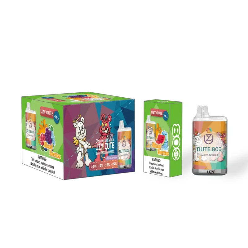 Emballage pour vape jetable Uzy Qute avec saveur de baies mélangées avec des personnages de dessins animés et une étiquette d'avertissement sur la dépendance à la nicotine.