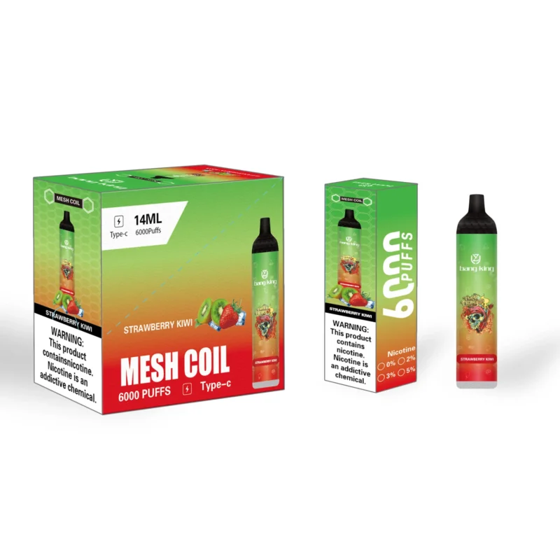 Packaging for Bang King vape product featuring strawberry kiwi flavor, highlighting 6000 puffs, mesh coil, and nicotine warning in bold letters.