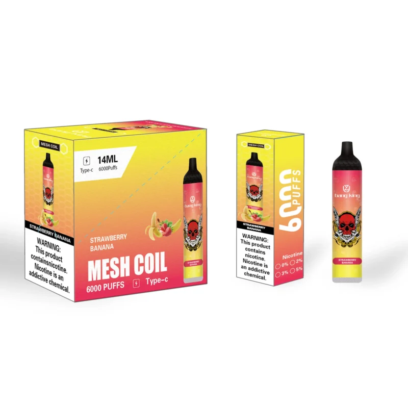 Verpackung und Produkt eines Vape mit Erdbeer-Bananen-Geschmack namens „Bang King“ mit Totenkopfdesign, der 6000 Züge bietet und einen Warnhinweis zum Nikotingehalt enthält.