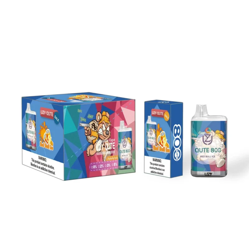 Emballage coloré des produits de vapotage Uzy Qute 800 présentant un ours de dessin animé avec des lunettes de soleil, un stylo vapoteur et un texte indiquant la teneur en nicotine, ainsi qu'une étiquette d'avertissement sur la dépendance à la nicotine.
