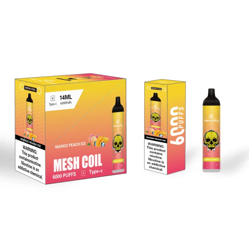 Packaging display of Bang King Mango Peach Ice vape product, featuring a colorful design with a skull logo, offering 6000 puffs, with a nicotine warning label.