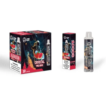 En visning av Yuz Crystal Pro Max vapeförpackning med en stor låda, en mindre låda och en individuell vapepenna, med bild av en astronaut och frukt, märkt '10000 Puffs, Strawberry Watermelon' och en nikotinvarningsetikett.