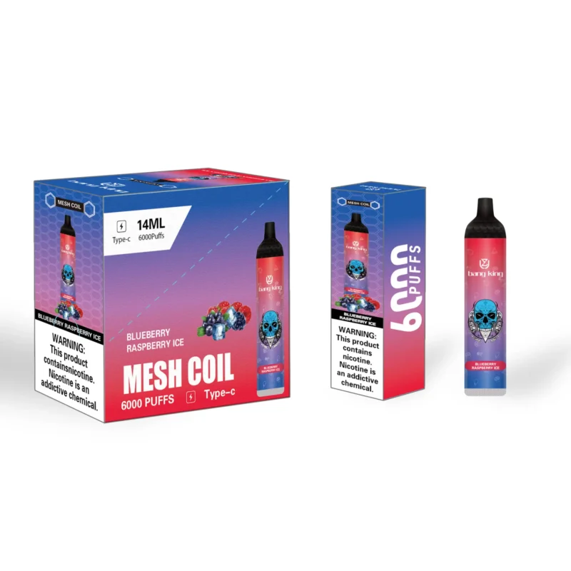 Packaging and product of Bang King's Blueberry Raspberry Ice flavored vape featuring a colorful box and vape device, with a skull design and warning labels advising of nicotine content.