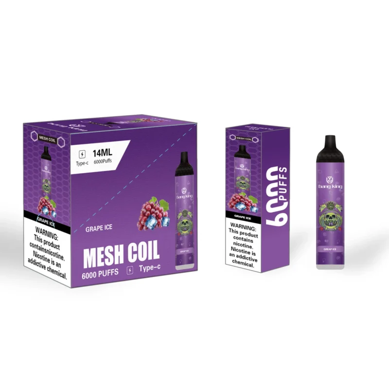 Bang King Grape Ice vape packaging featuring a 14ml disposable vape and its box, both prominently showing a graphic of grapes with ice cubes and a nicotine warning label.