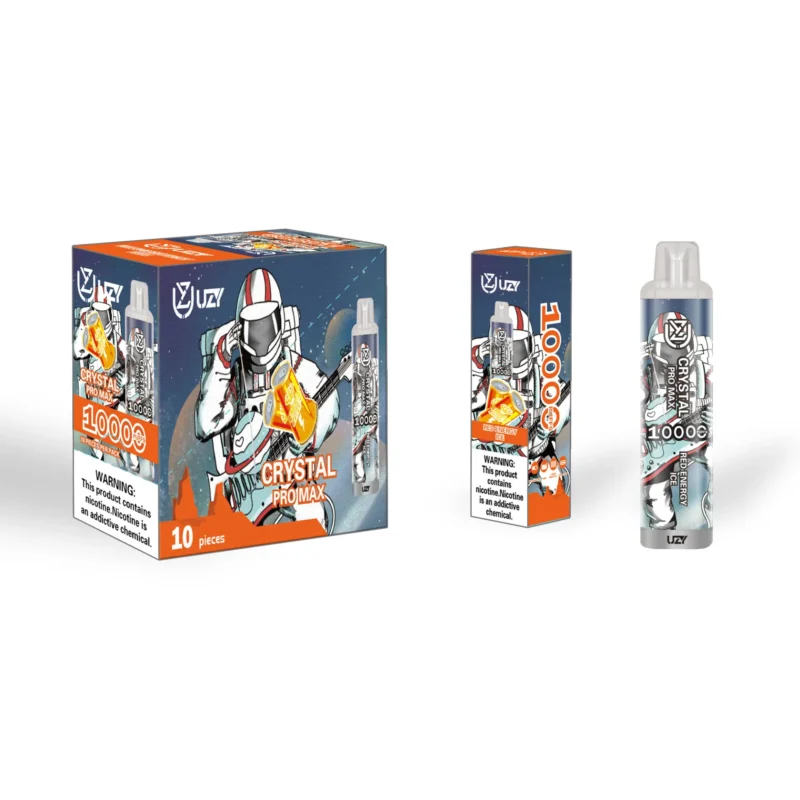 Packaging of Crystal Pro Max energy drink featuring an astronaut graphic, highlighting a product capable of 10,000 servings and a nicotine warning label.