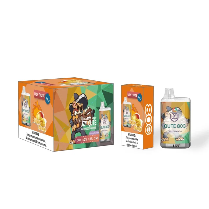 Emballage pour vape jetable Uzy Qute 800 au goût triple mangue, avec un design géométrique coloré et une étiquette d'avertissement sur la teneur en nicotine.