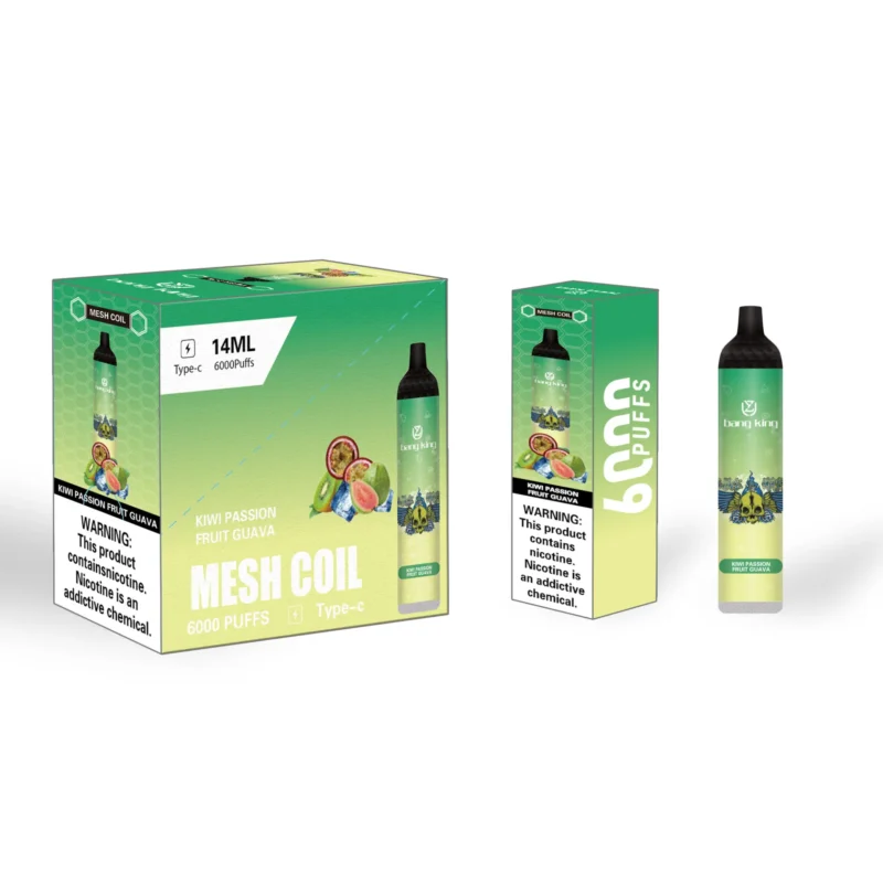 Packaging and individual vape cartridge for Bang King Mesh Coil in Kiwi Passion Fruit Guava flavor, highlighting "6000 puffs," "14ml," "Type-C," and a nicotine warning label.