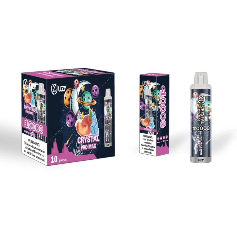 Yuzi Crystal Pro Max 10000 Peach Ice vape packaging featuring a colorful cosmic design with fruit imagery and a nicotine warning label.