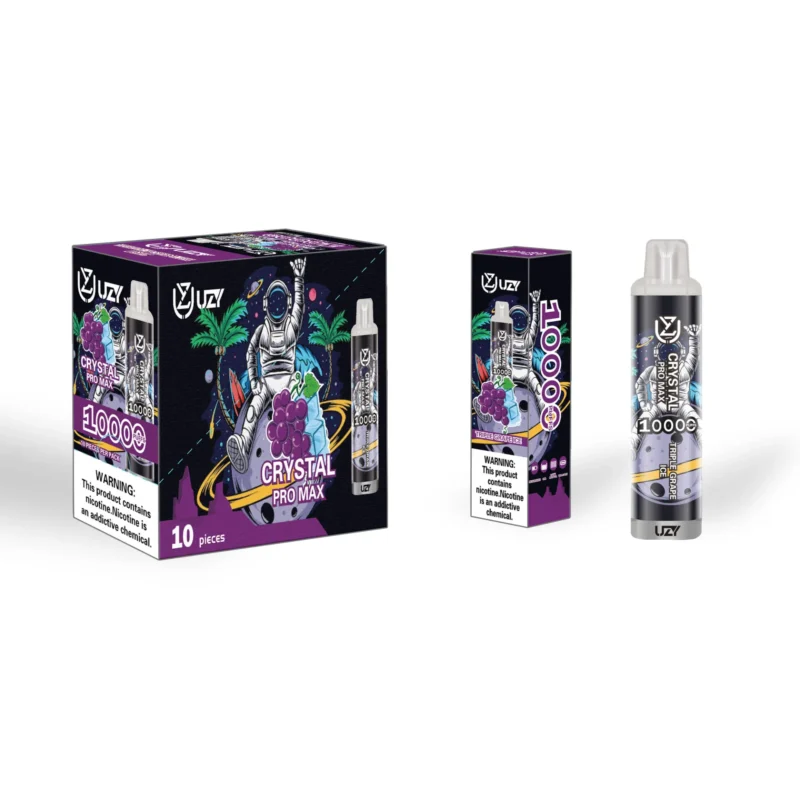 Packaging of Crystal Pro Max vape with grape flavor, featuring an astronaut and palm trees on the label, highlighting '10000 puffs' and nicotine warning.