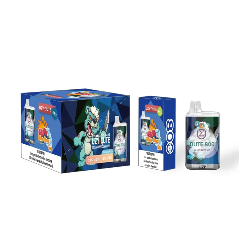 Boîte et emballage de vape jetable Uzy Qute au goût Blue Razz Ice, avec un design de personnage de dessin animé et une étiquette d'avertissement de nicotine.