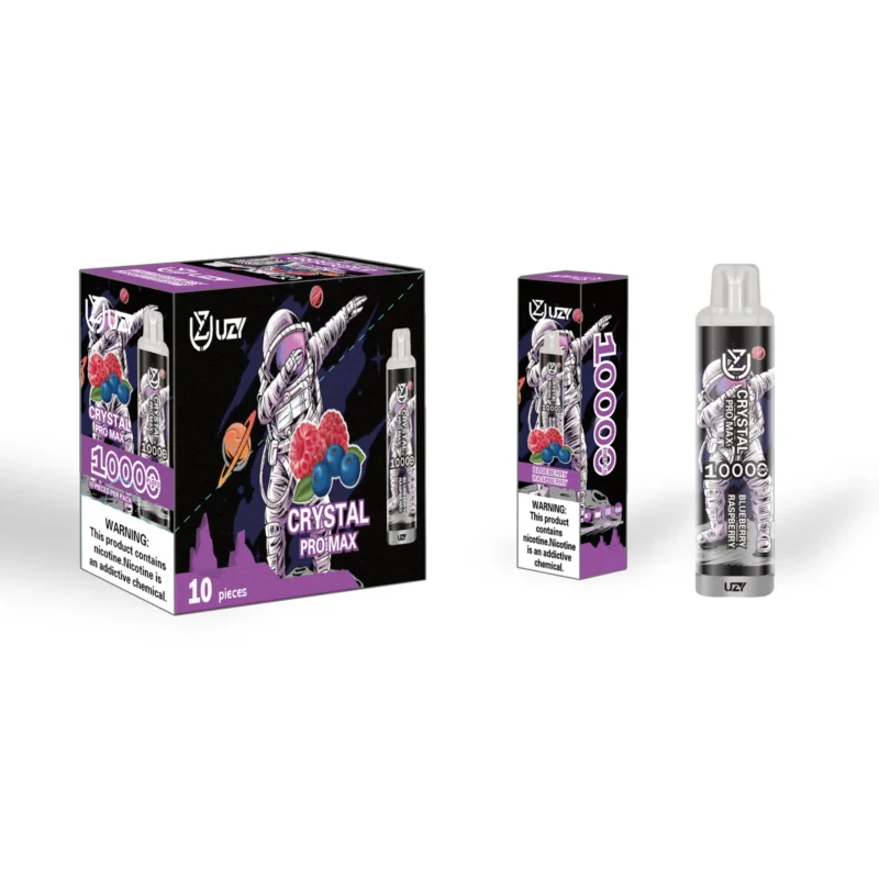 Packaging for UZy Crystal Pro Max 10000 disposable vape in blueberry raspberry flavor, featuring an astronaut graphic with fruit illustrations and a nicotine warning label.