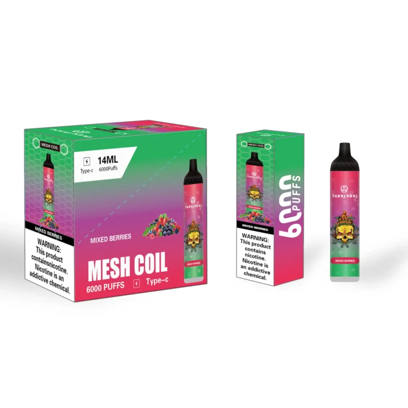 Packaging for Bang King Mesh Coil vape with mixed berries flavor, displaying a 14ml capacity for 6000 puffs and a prominent nicotine warning.