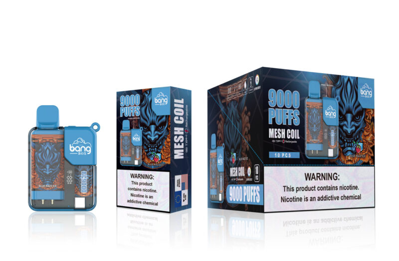 Appareil de vapotage Bang Box 9000 bouffées avec emballage bleu comportant un graphique stylisé et une étiquette d'avertissement sur la teneur en nicotine.
