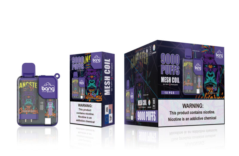 Deux appareils de vapotage violets et leur emballage, étiquetés « Bang Box » avec « 9000 bouffées » et « Mesh Coil », présentant un design de gorille coloré et des étiquettes d'avertissement de nicotine.