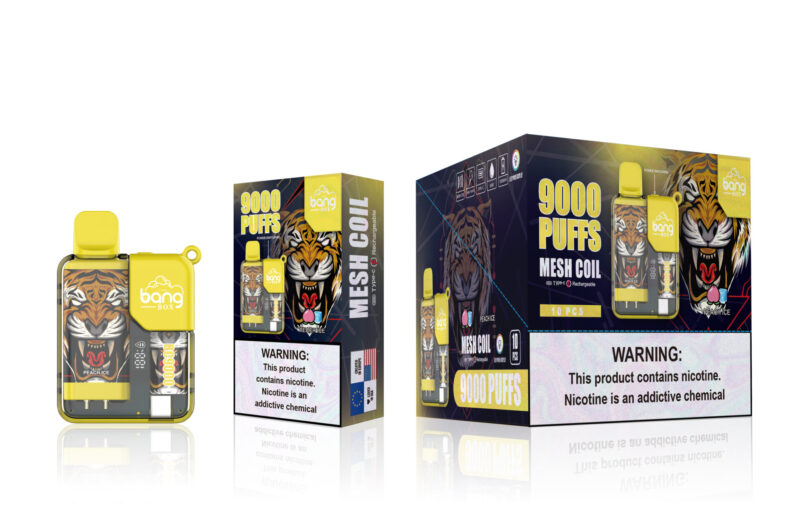 Produit de vapotage Bang Box présentant un design de tigre, offrant 9 000 bouffées au goût de pêche glacée, avec un avertissement de nicotine bien affiché sur l'emballage.