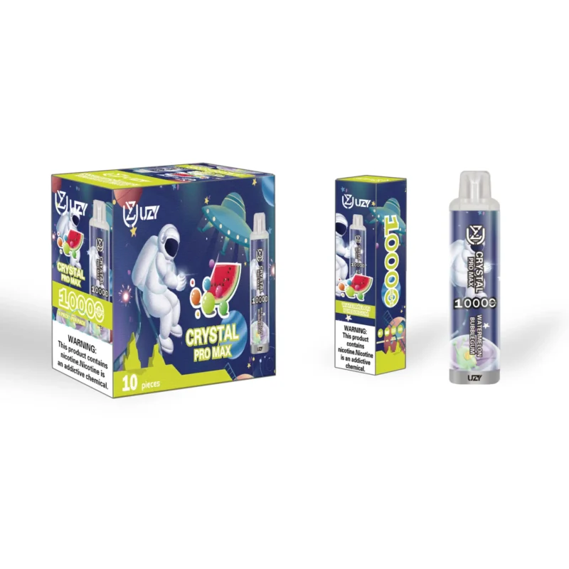 Packaging of UZI Crystal Pro Max vape device featuring a space theme with an astronaut and colorful planets, highlighting a watermelon bubblegum flavor and a warning about nicotine content.