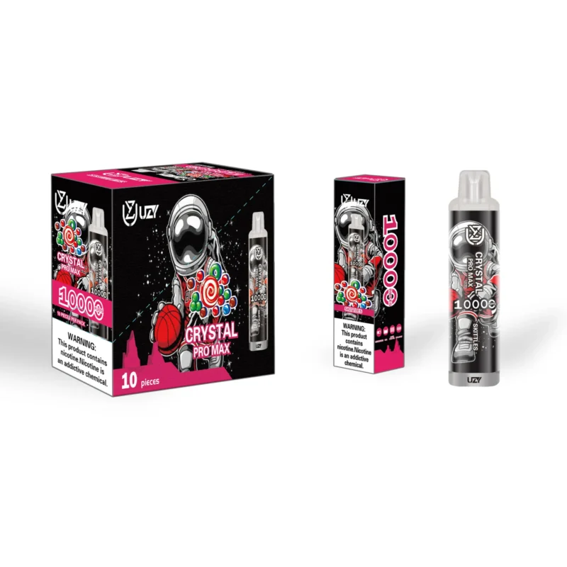 Packaging and device of the ULV Crystal Pro Max, featuring a colorful astronaut design and labeled as containing 10,000 puffs with a nicotine warning.