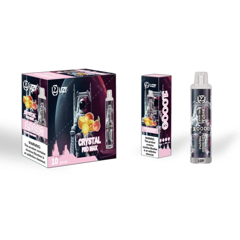 Product packaging for Crystal Pro Max disposable vape features an image of a futuristic astronaut with fruit icons, offering 10,000 puffs in peach mango pineapple flavor, with a nicotine warning label.