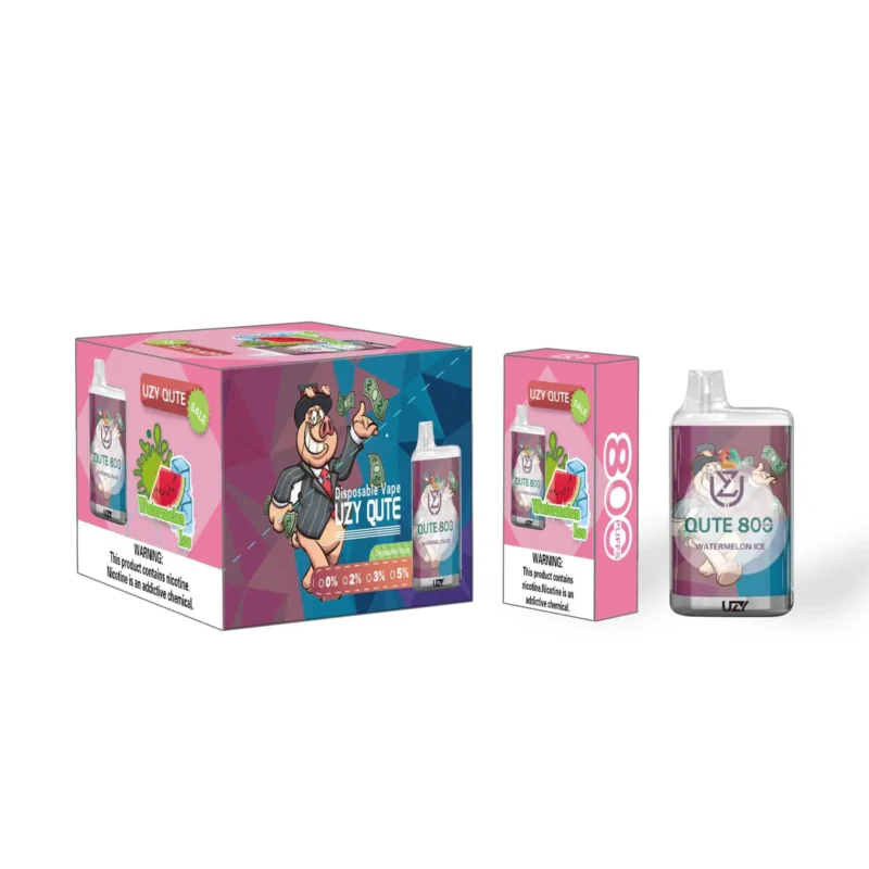 Emballage promotionnel pour vape jetable Uzy Qute avec motif d'ours de dessin animé et saveur pastèque sur glace, avec étiquette d'avertissement de nicotine.
