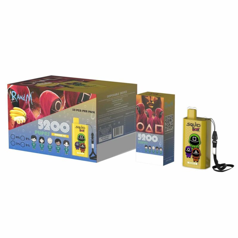 Caja y embalaje para el vape desechable Squid Box 5200 Puffs con temática de sabor a plátano y gráficos inspirados en un popular programa de televisión, con personajes enmascarados.