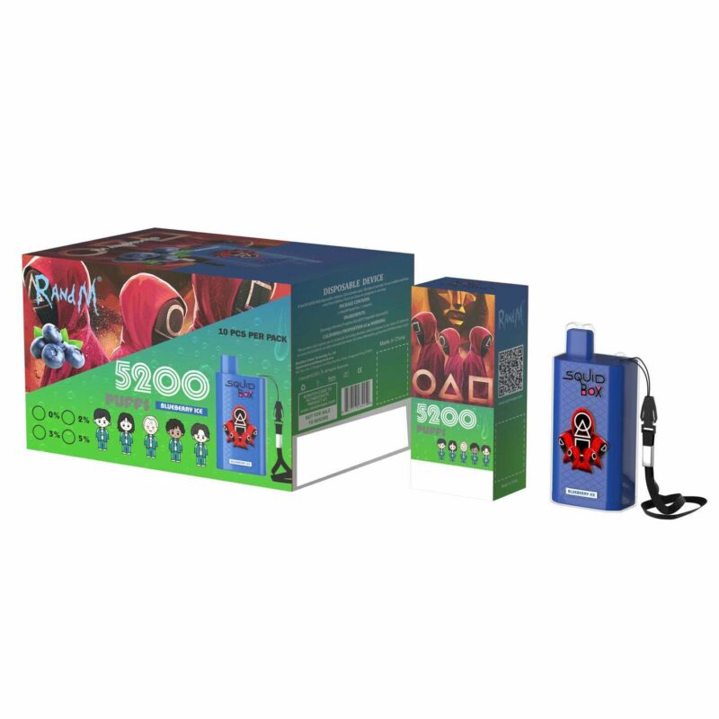 Embalaje y dispositivo de vapeo para Squid Box 5200 Puff en sabor Blueberry Ice, con imágenes inspiradas en el programa Squid Game.