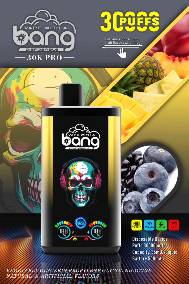 Werbeplakat für das Einweggerät „Vape with a Bang 30K Pro“ mit einem farbenfrohen Totenkopfdesign, einem Hintergrund aus Ananas- und Heidelbeeren sowie Spezifikationen wie 30.000 Zügen, 36 ml E-Liquid-Kapazität und 550 mAh-Akku.