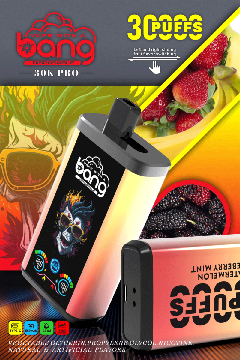 Verpackung des Vape-Geräts mit dem Aufdruck „Vape With A Bang 30K Pro“ mit farbenfrohem Design, einer Totenkopfillustration sowie Bildern von Erdbeeren und Brombeeren. Der Text hebt 30.000 Züge und Geschmackswechsel hervor und erwähnt Inhaltsstoffe wie pflanzliches Glycerin, Propylenglykol, Nikotin und Aromen.