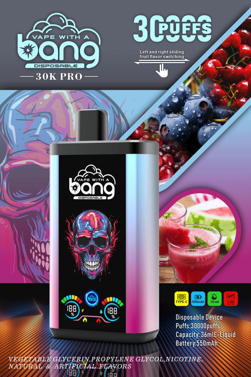 Einweg-Verdampfer Vape With A Bang 30K Pro mit farbenfrohem Design, 30.000 Zügen, Fruchtgeschmacksumschaltung nach links und rechts, 36 ml E-Liquid-Kapazität und einem 550 mAh-Akku.
