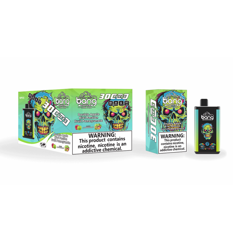 Verpackung und Dampfgerät für Bang XXL Switch Duo mit leuchtend grünem Totenkopfmotiv und den Geschmacksrichtungen „Double Apple Kiwi Passion Fruit Pomegranate“. Die Verpackung enthält einen Warnhinweis zur Nikotinsucht.