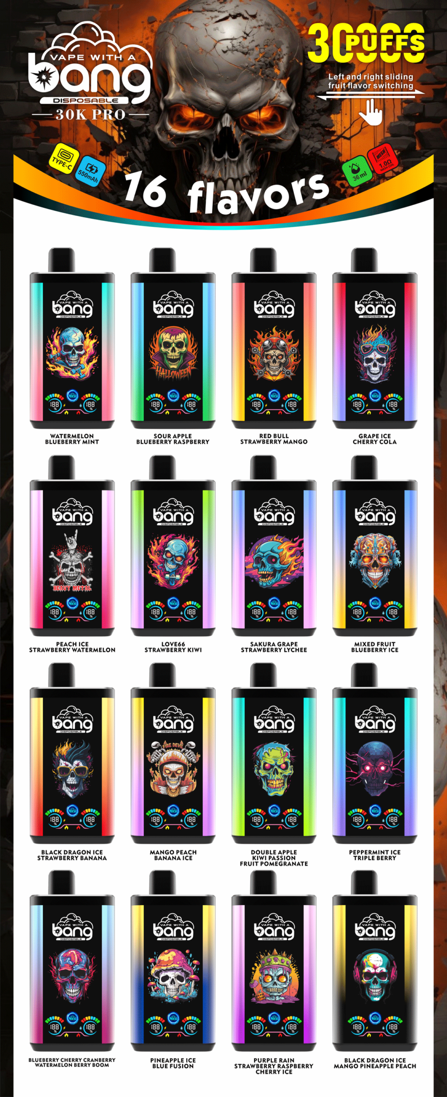Vape-Produktposter mit 16 Geschmacksrichtungen mit bunten Totenkopfdesigns, 30.000 Zügen Kapazität, 30 ml Flüssigkeit und 550 mAh Akku.