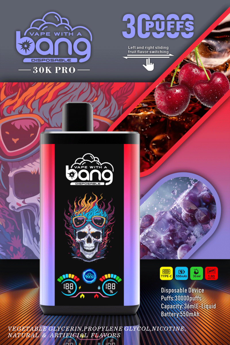 Produktanzeige für ein Vape-Gerät mit dem Branding „Vape with a Bang“, die ein farbenfrohes Gerät, Fruchtgeschmacksoptionen und Details wie 30.000 Züge, 36 ml Fassungsvermögen und einen 550 mAh-Akku präsentiert.