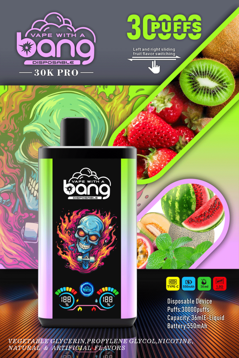 „Farbenfrohe Verpackung für Vape-Geräte in lebendigem Design mit Fruchtillustrationen, einer Totenkopfgrafik und Produktdetails, darunter 30.000 Züge, 36 ml Flüssigkeitskapazität, 550 mAh-Akku und Aufladen über Typ C.“